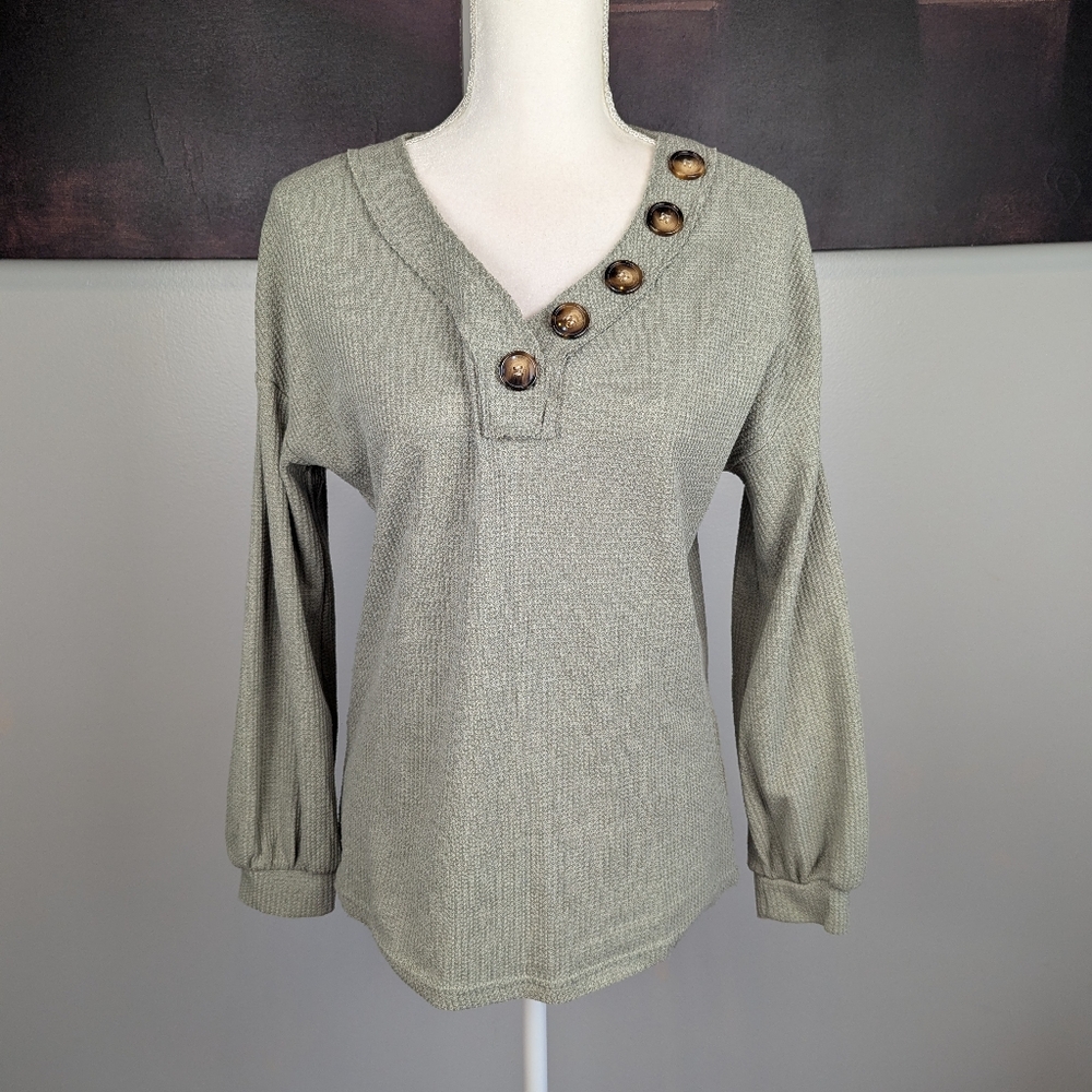 Muted green long sleeve waffle knit top